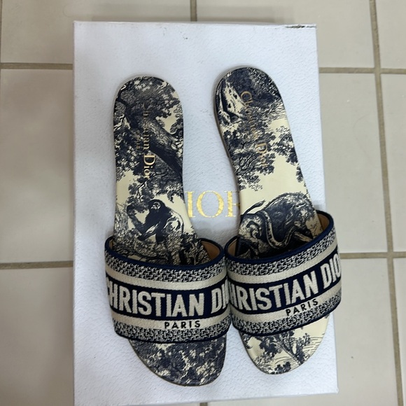 Christian Dior Dway Slide Embroidered Cotton Vibrant Blue Toile de Jouy Motif - Picture 4 of 5